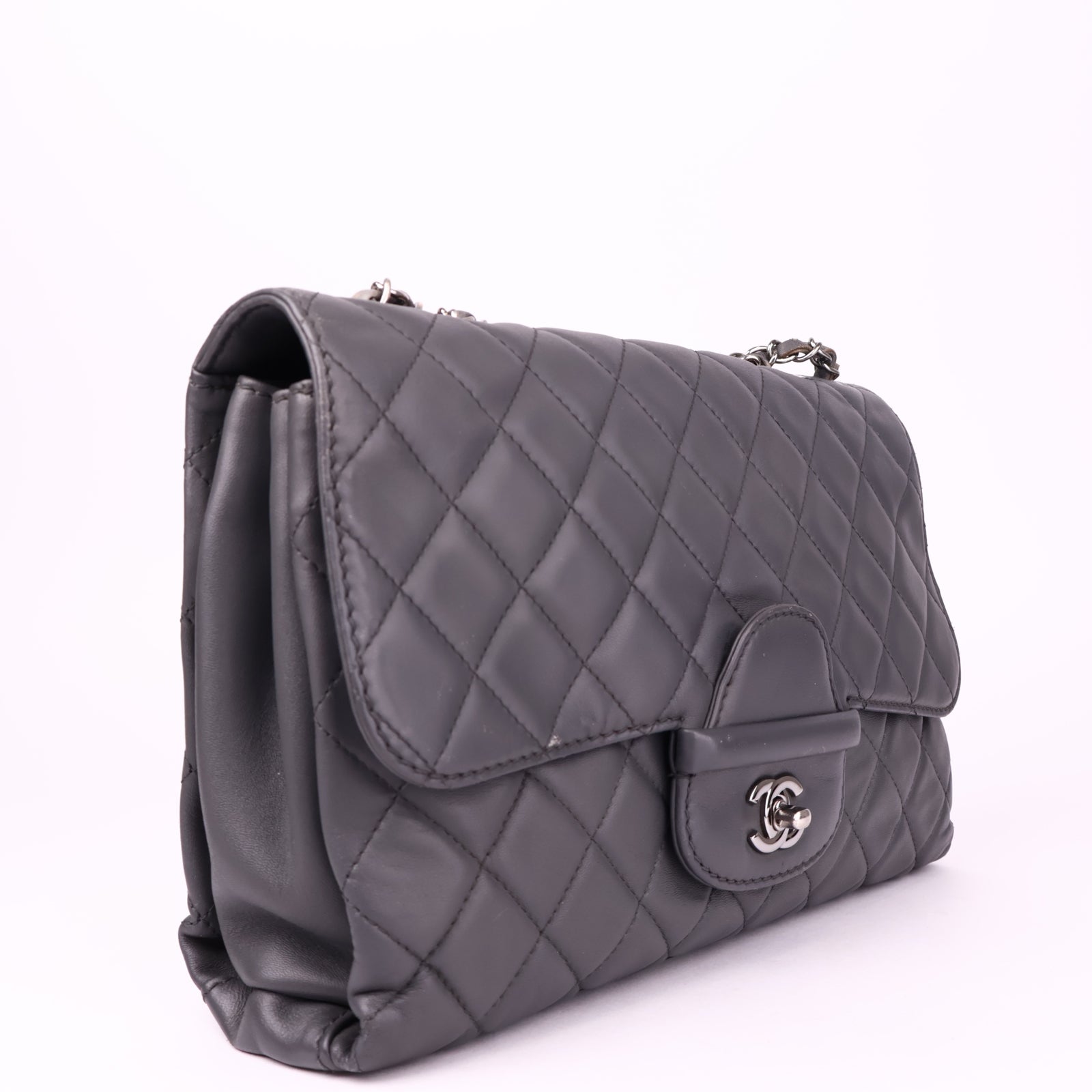 J3541 Chanel Lambskin Quilted Jumbo Coco Loop Flap Grey- Pre Owned