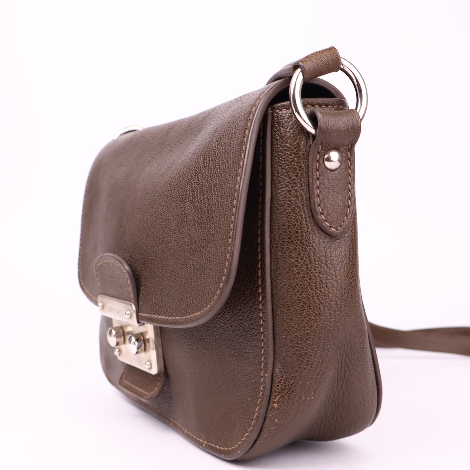 J3540 Miu Miu Beige Madras Leather Pushlock Flap Shoulder Bag- Pre Owned