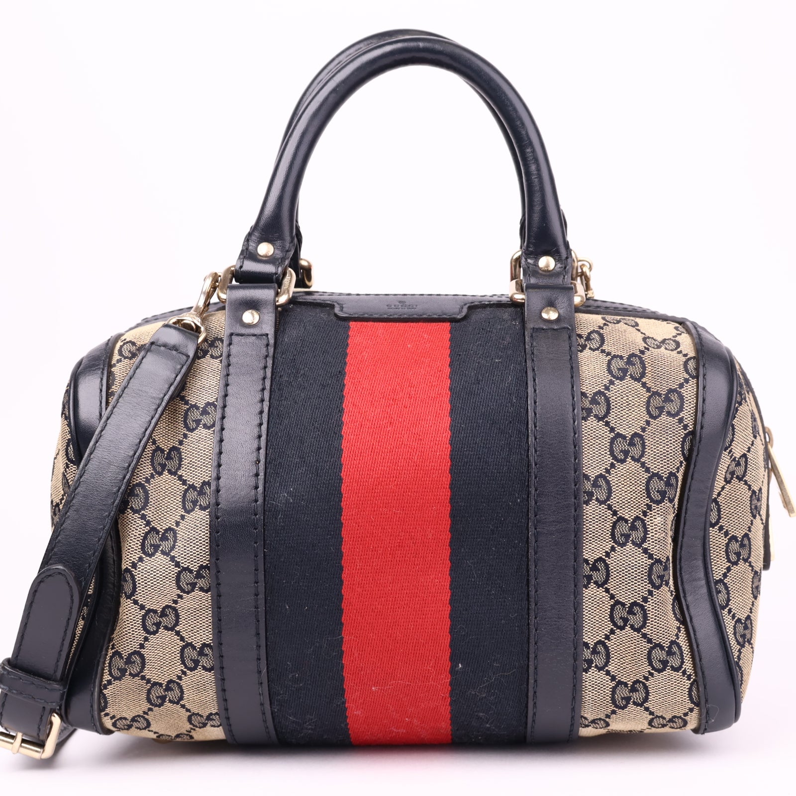 J3556 Gucci Web Boston Crossbody Bag In Sand- Pre Owned