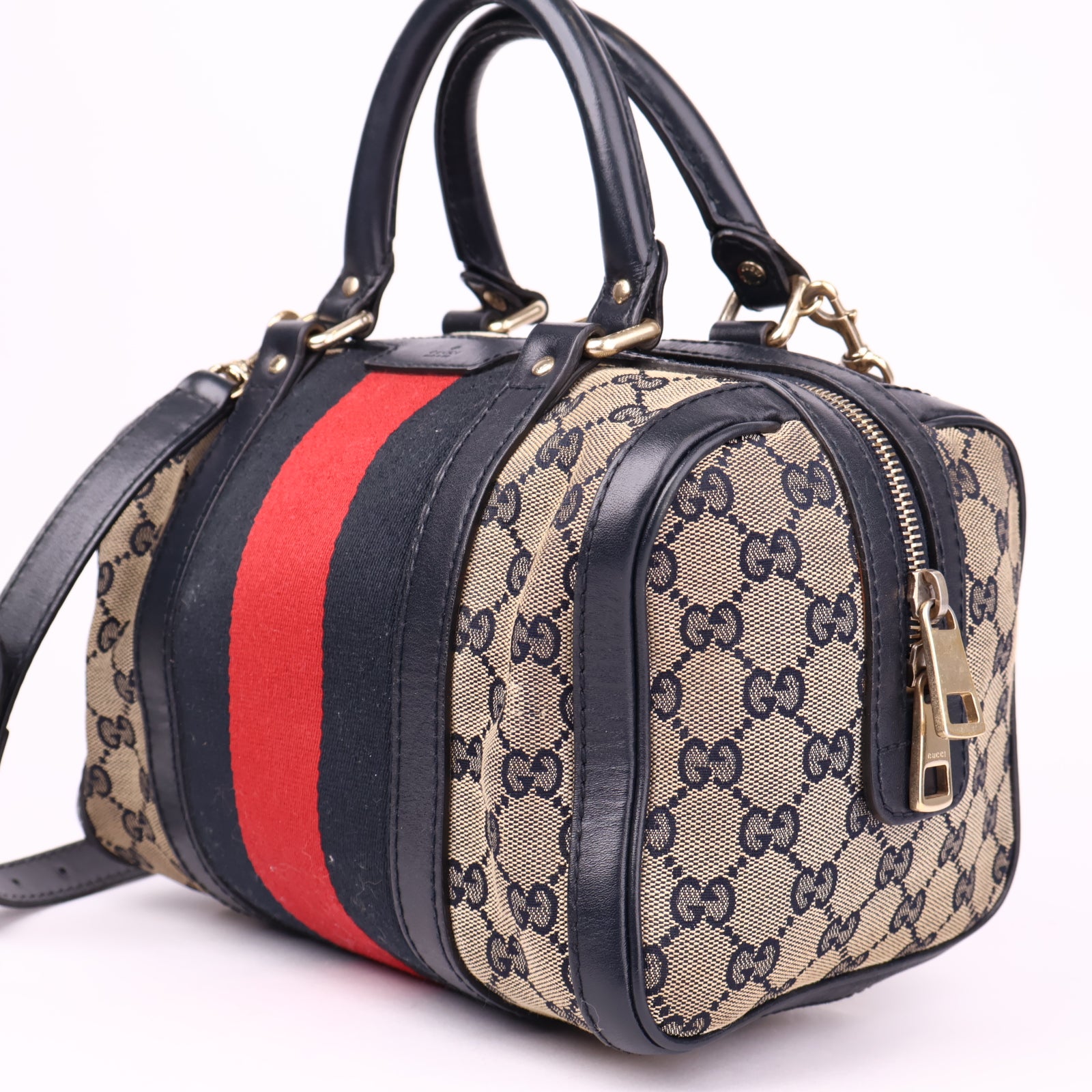 J3556 Gucci Web Boston Crossbody Bag In Sand- Pre Owned