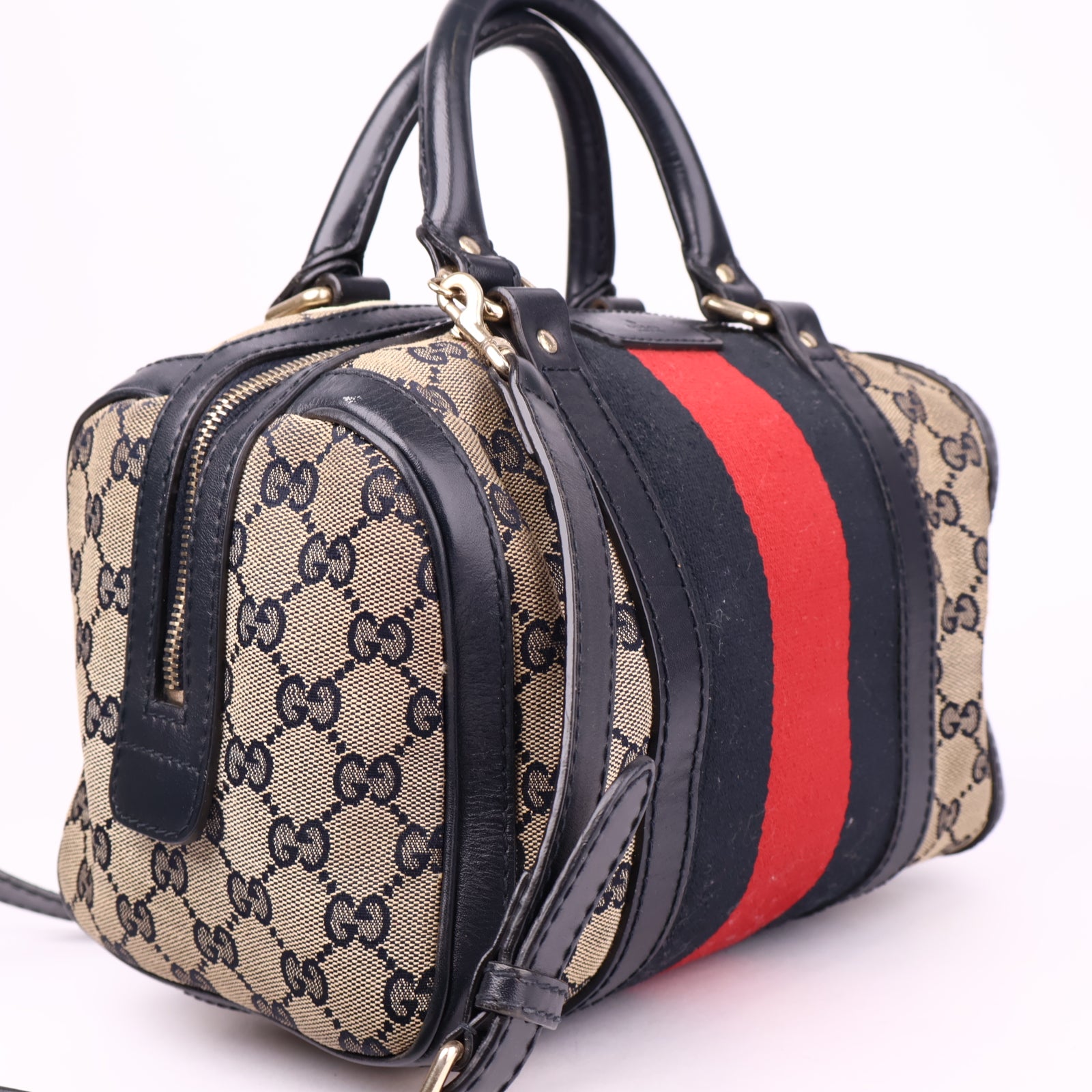 J3556 Gucci Web Boston Crossbody Bag In Sand- Pre Owned