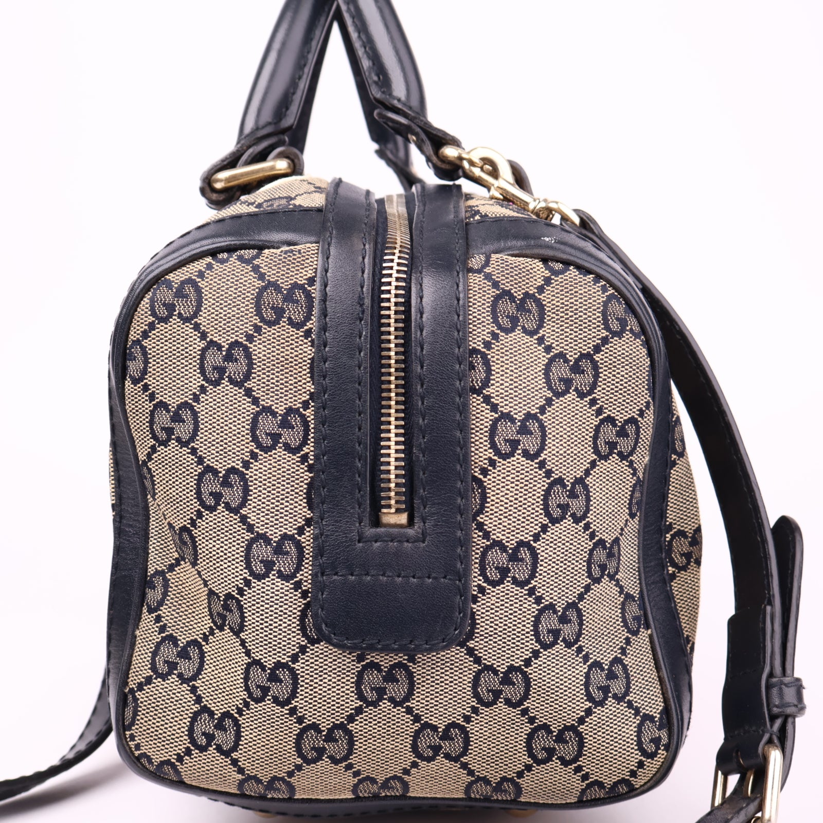 J3556 Gucci Web Boston Crossbody Bag In Sand- Pre Owned