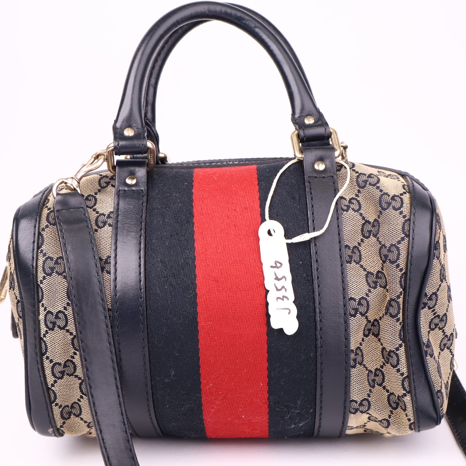J3556 Gucci Web Boston Crossbody Bag In Sand- Pre Owned