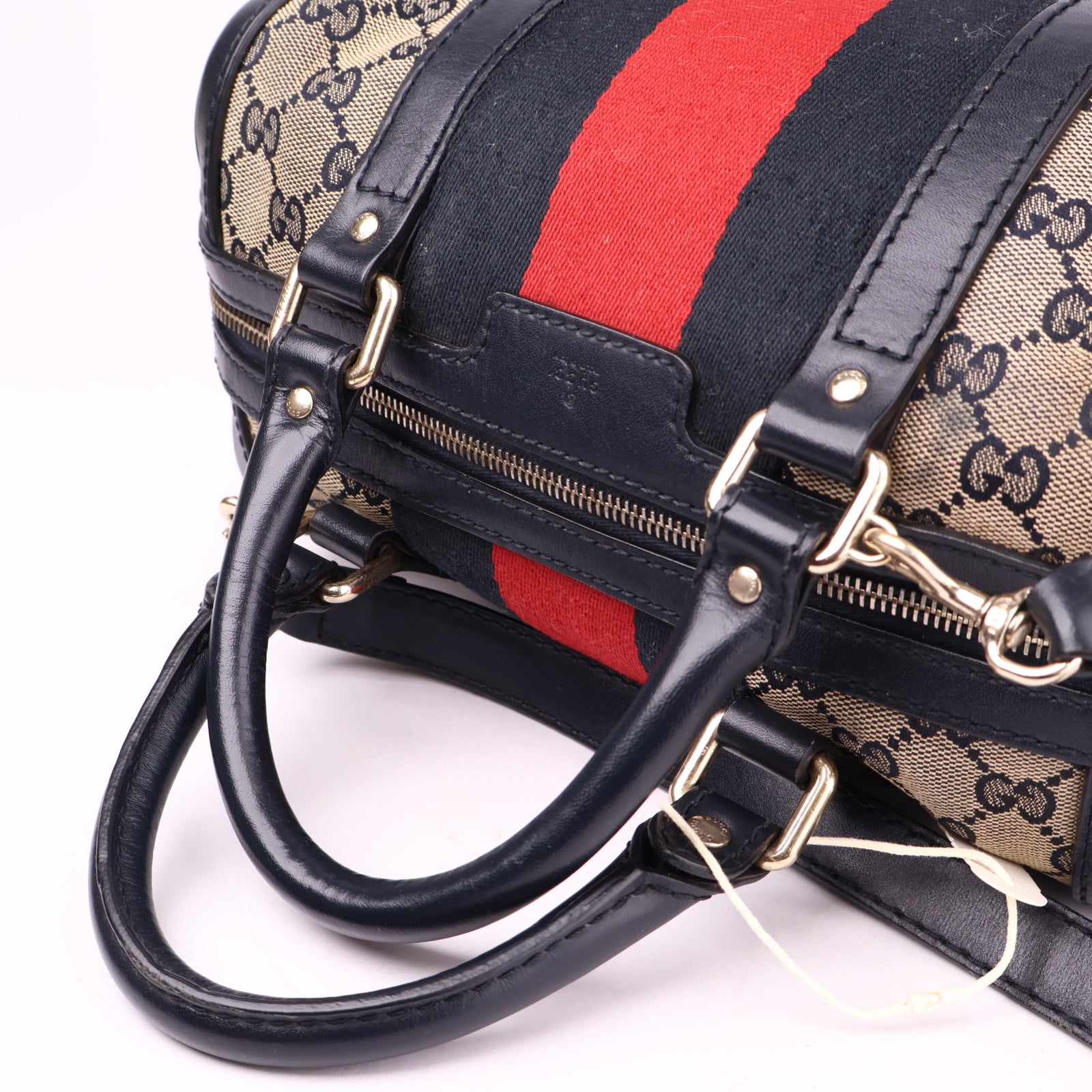 J3556 Gucci Web Boston Crossbody Bag In Sand- Pre Owned