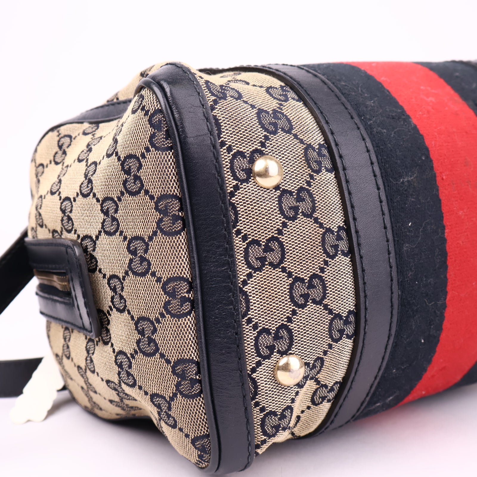 J3556 Gucci Web Boston Crossbody Bag In Sand- Pre Owned