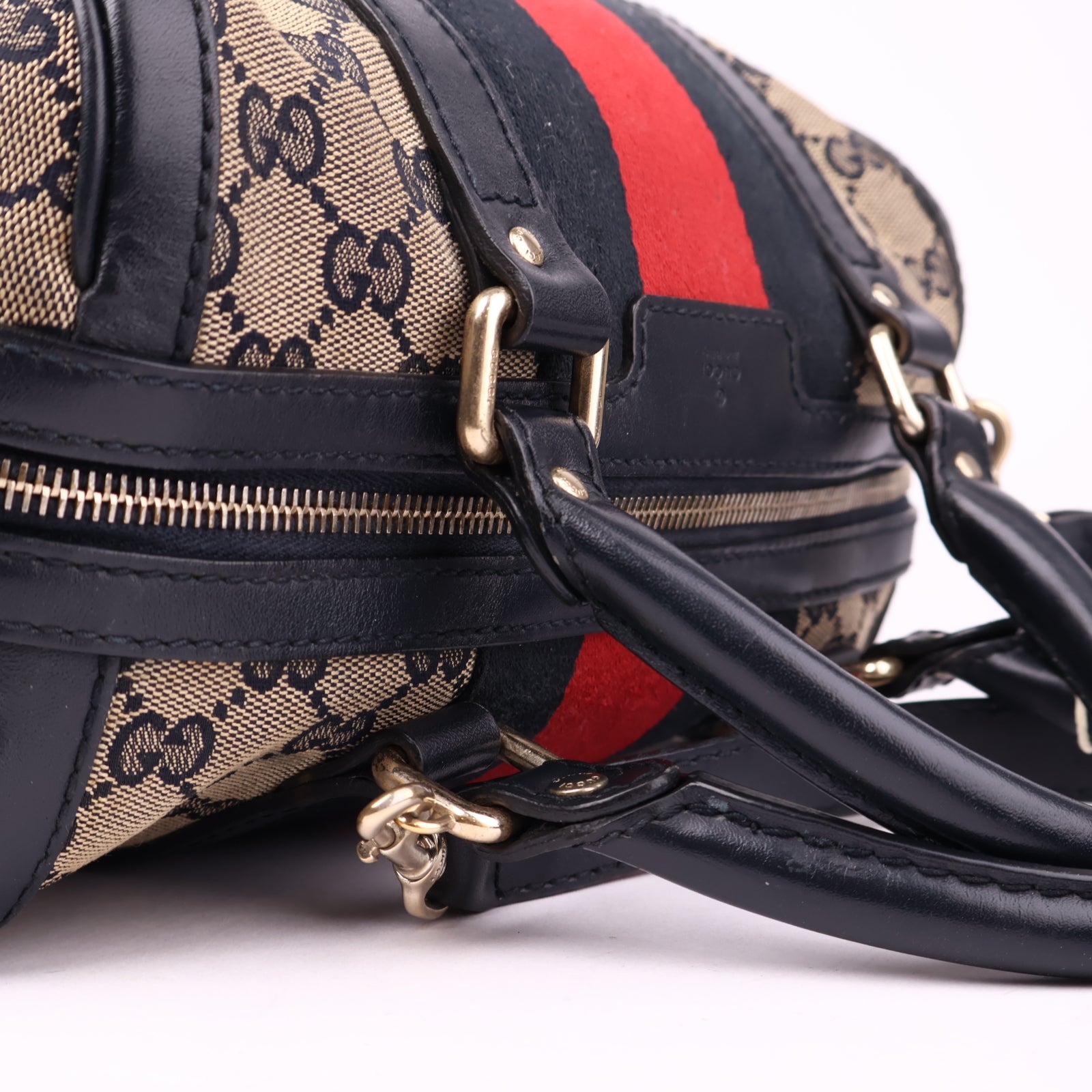 J3556 Gucci Web Boston Crossbody Bag In Sand- Pre Owned
