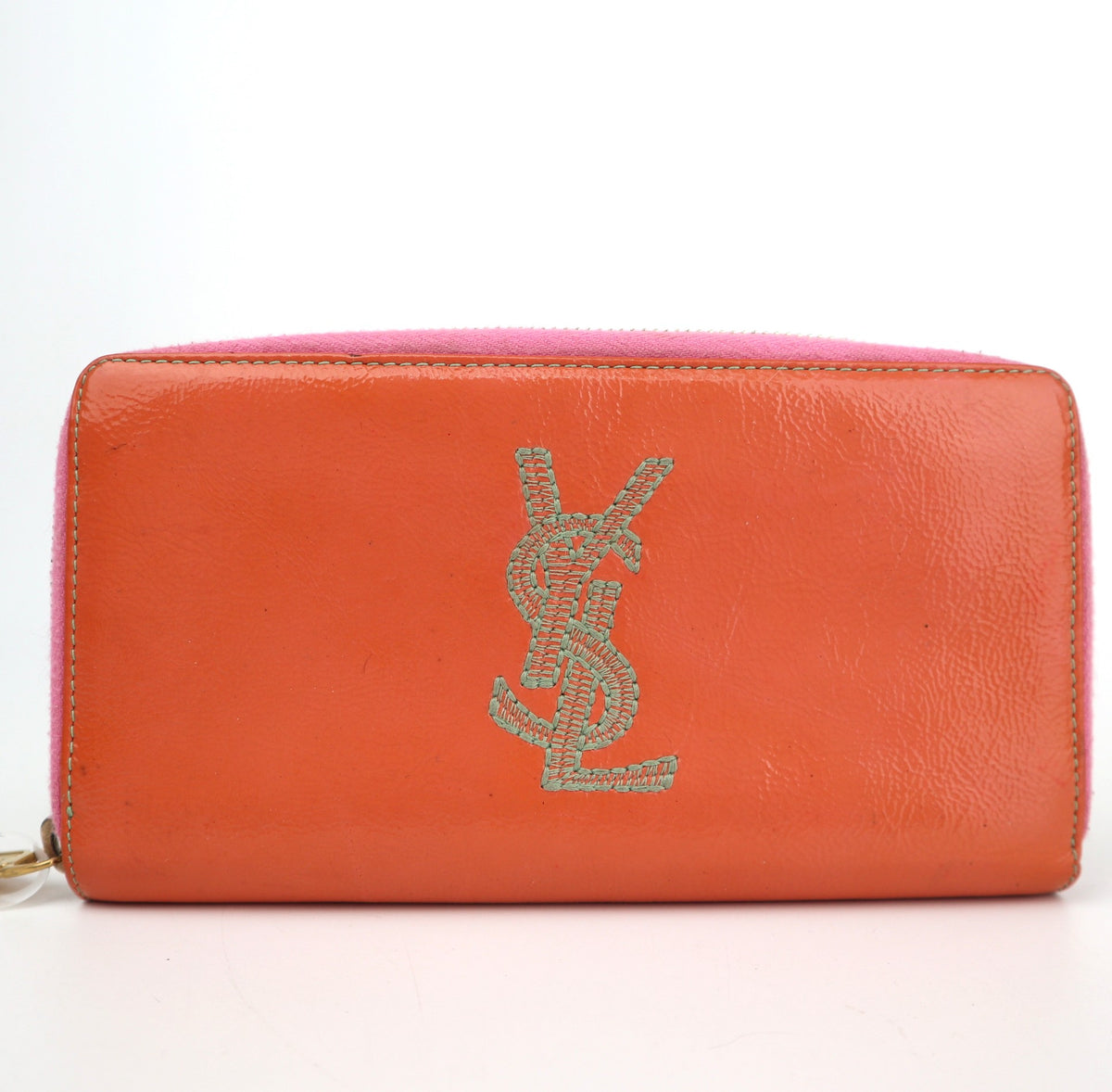 C2810# Saint Laurent Wallet Embroidered Logo Zip Around Long Wallet | Pre-Owned Very Good Red Embroidered Logo Leather