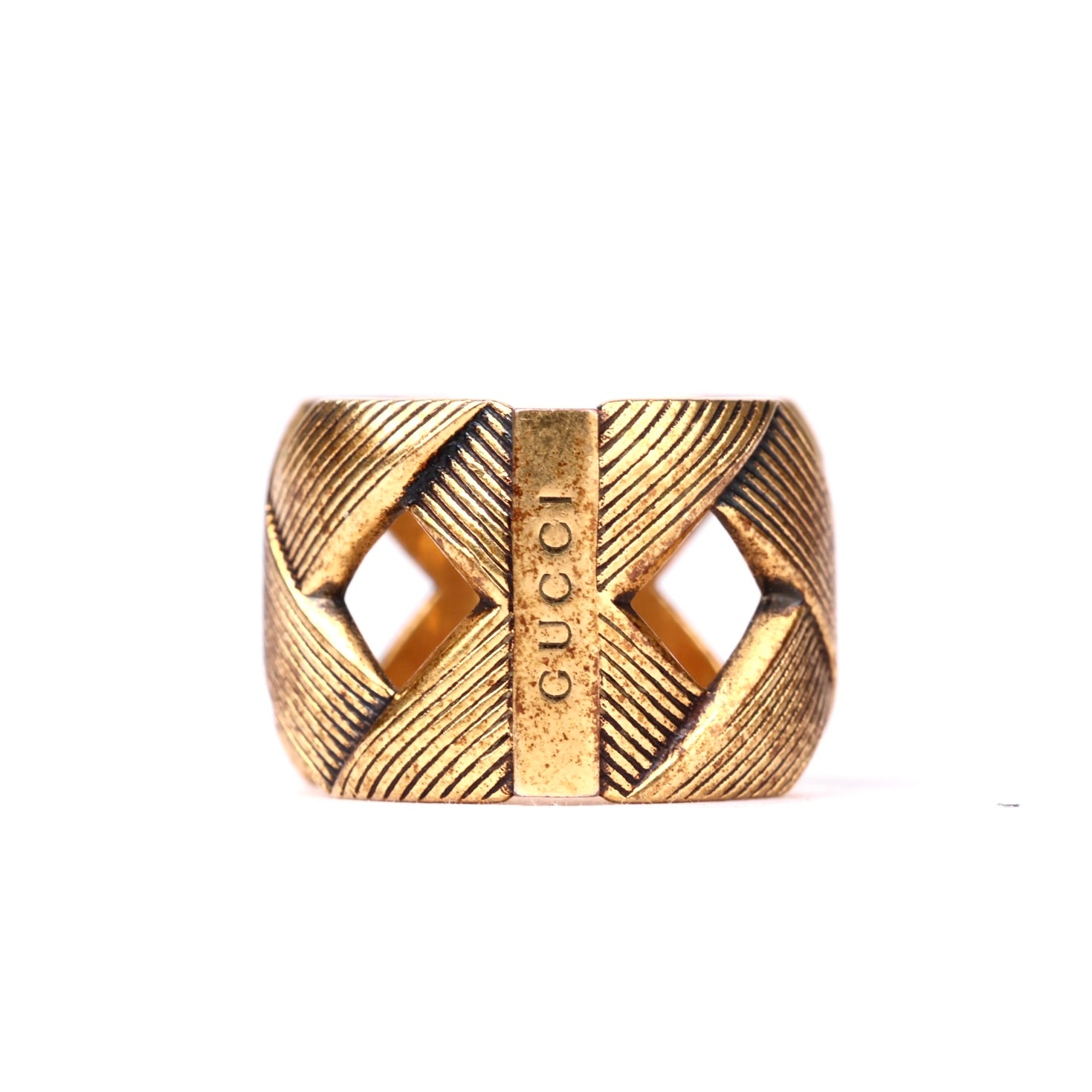 J3553 Gucci Gold-Tone GG Logo Wide Band Ring Size 19- Pre Owned