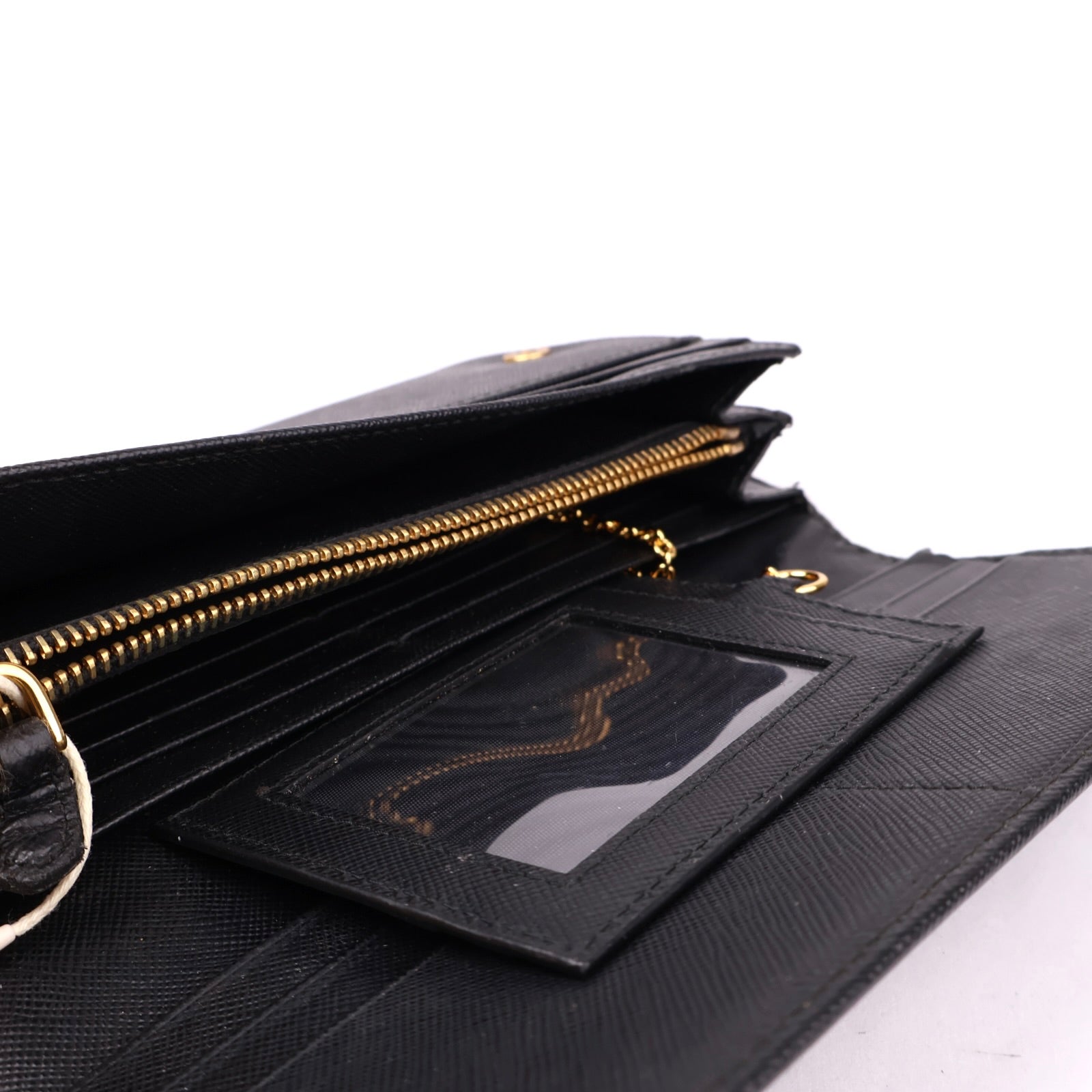 J3576 Prada Ladies Leather Purse Wallet Black/gold- Pre Owned