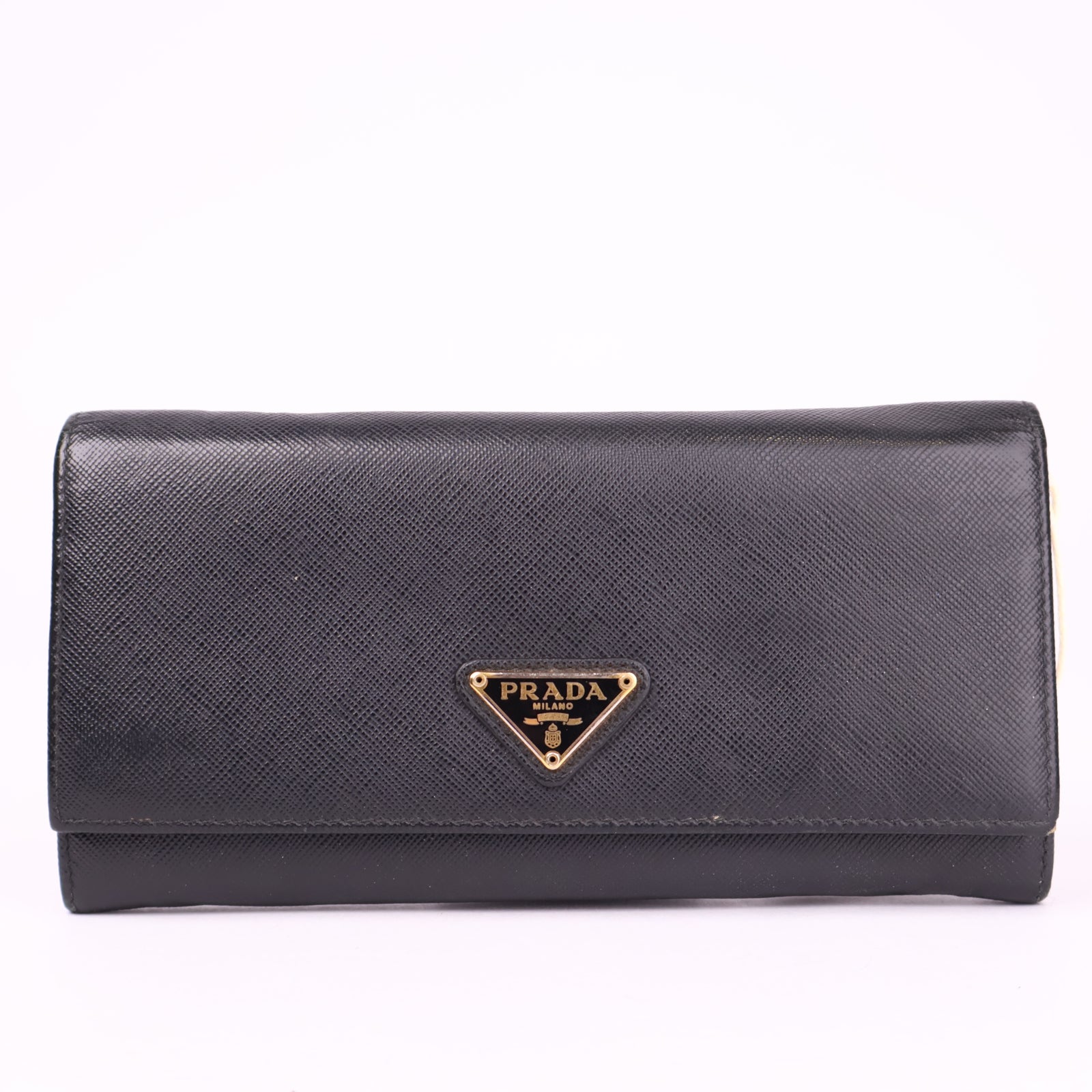 J3576 Prada Ladies Leather Purse Wallet Black/gold- Pre Owned
