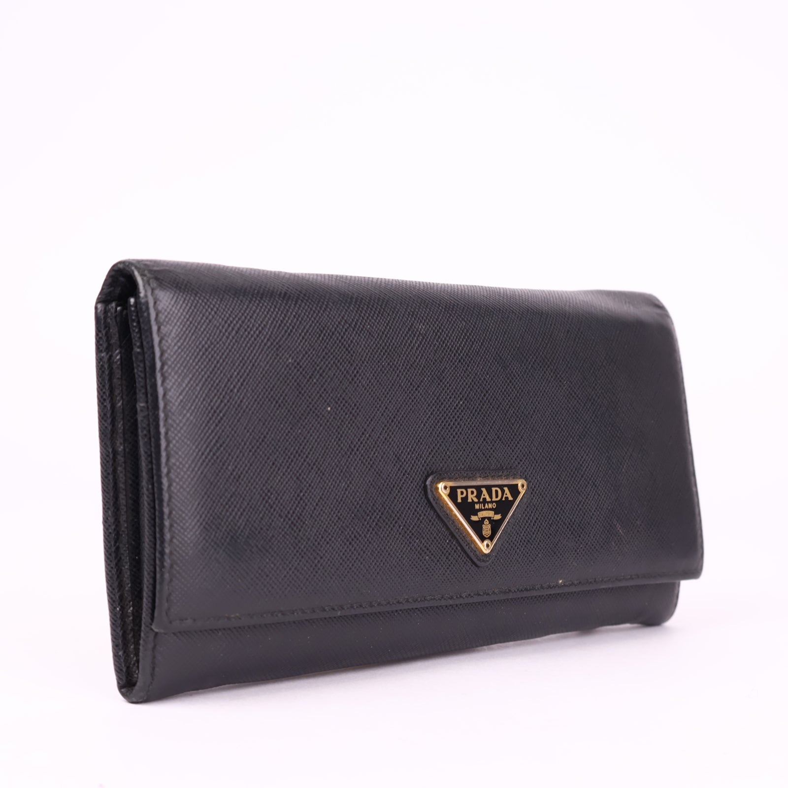 J3576 Prada Ladies Leather Purse Wallet Black/gold- Pre Owned