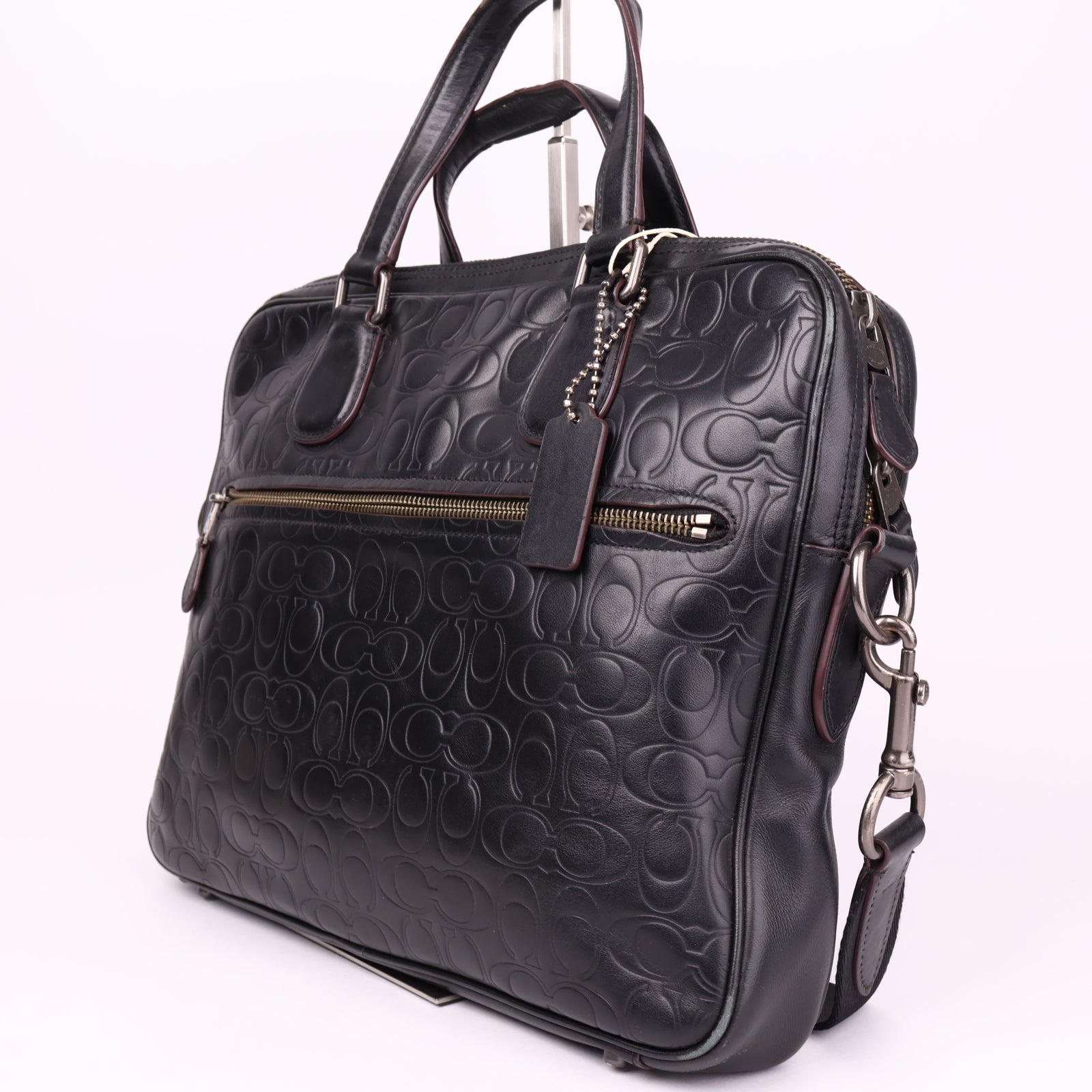 J3574 Coach Navy Blue Signature Embossed Leather Hudson Briefcase- Pre Owned