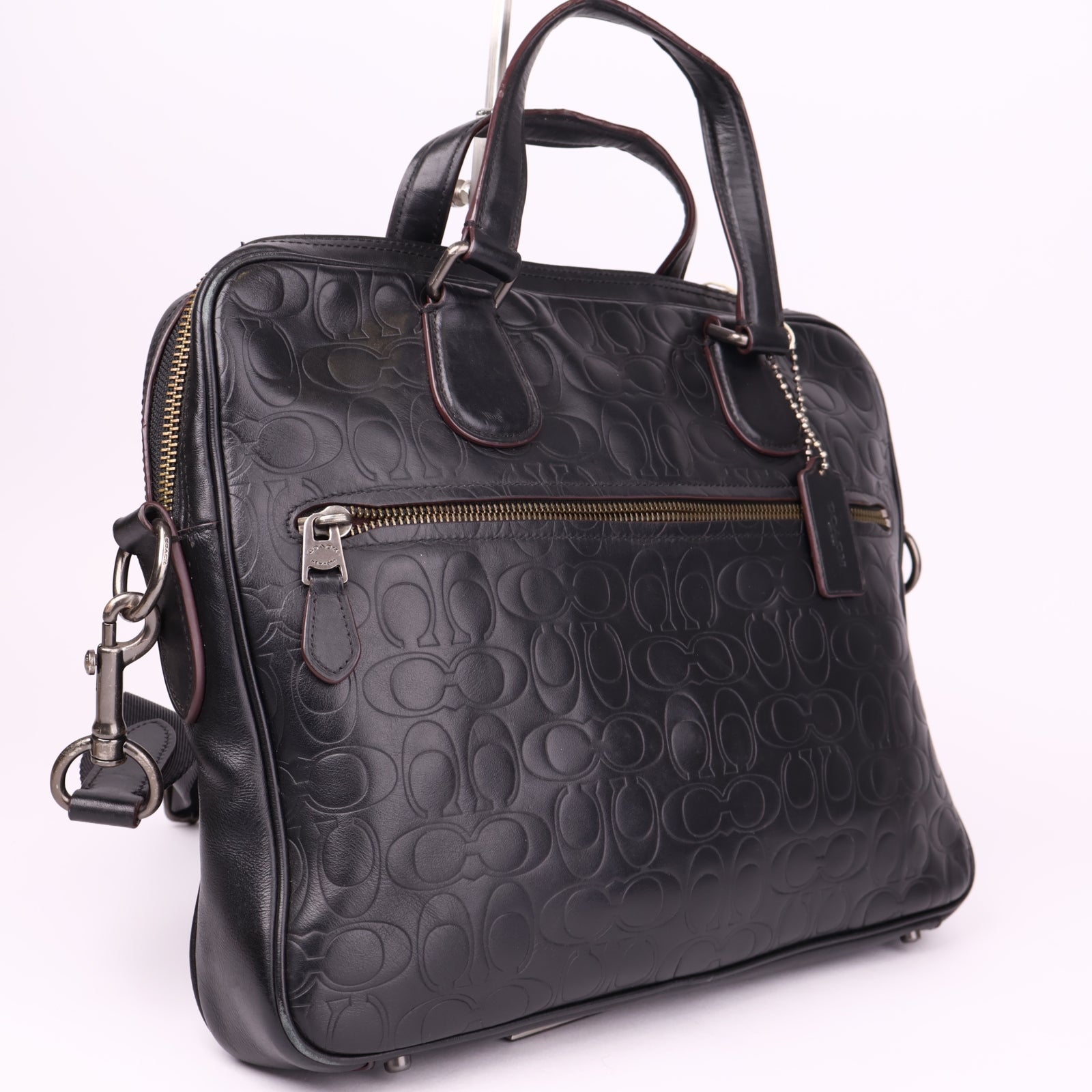 J3574 Coach Navy Blue Signature Embossed Leather Hudson Briefcase- Pre Owned