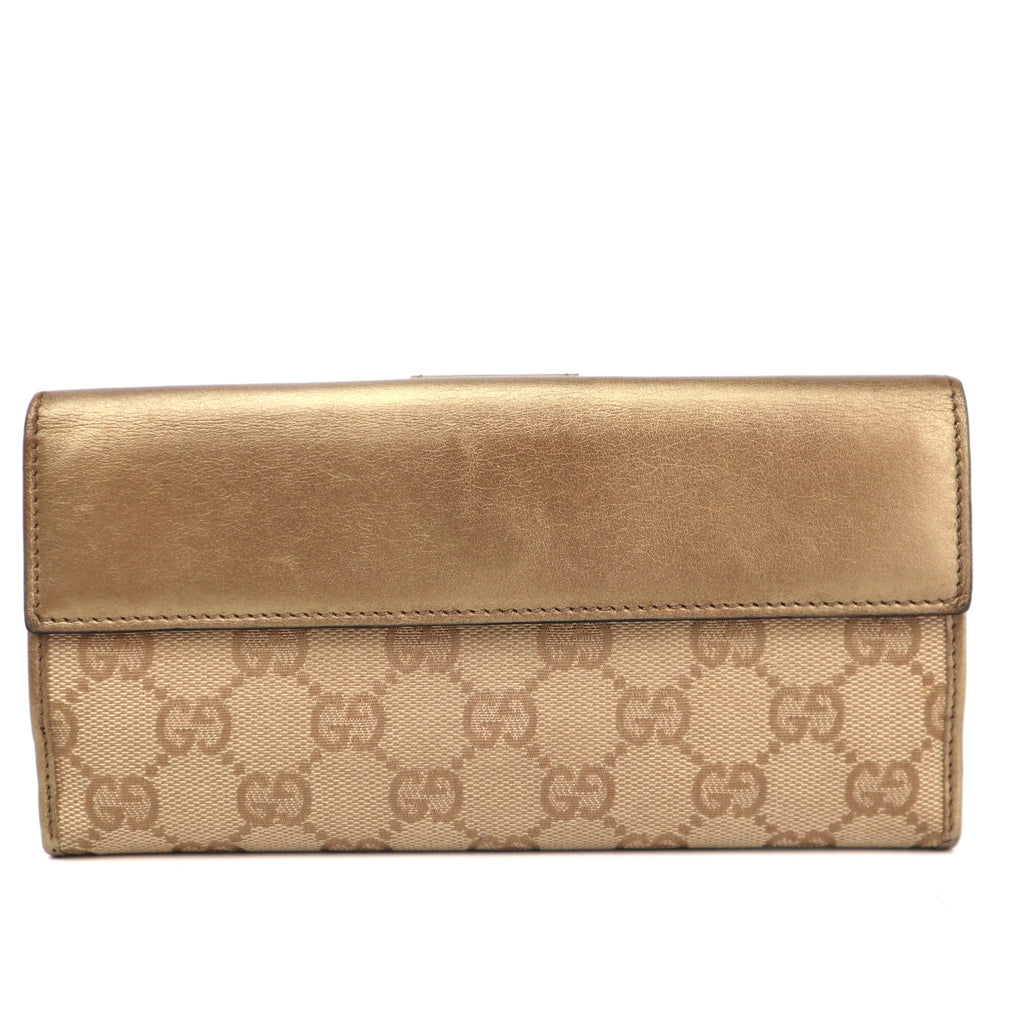 C2829 Gucci Wallet GG Canvas & Leather Long Flap Wallet Gold | Pre-Owned Very Good Gold GG Canvas Canvas, Leather