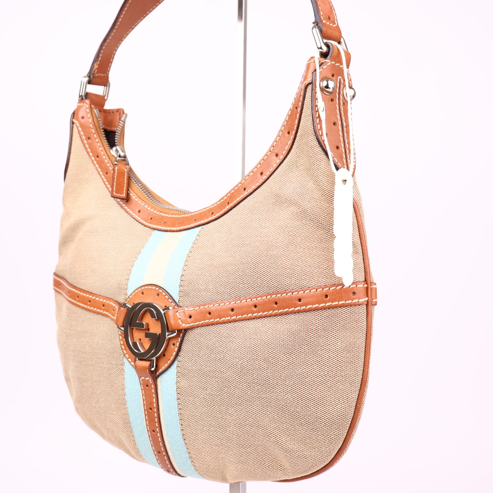 J3568 Gucci Jackie Equestrian Style Canvas Shoulder Bag- Pre Owned