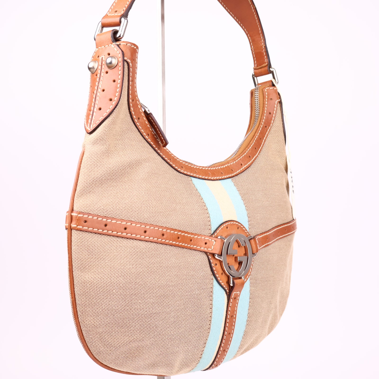 J3568 Gucci Jackie Equestrian Style Canvas Shoulder Bag- Pre Owned
