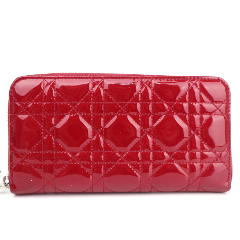 C2833 Christian Dior Wallet Lady Dior Cannage Zip Around Wallet Red Patent Leather | Pre-Owned Very Good Red Cannage Leather, Patent leather