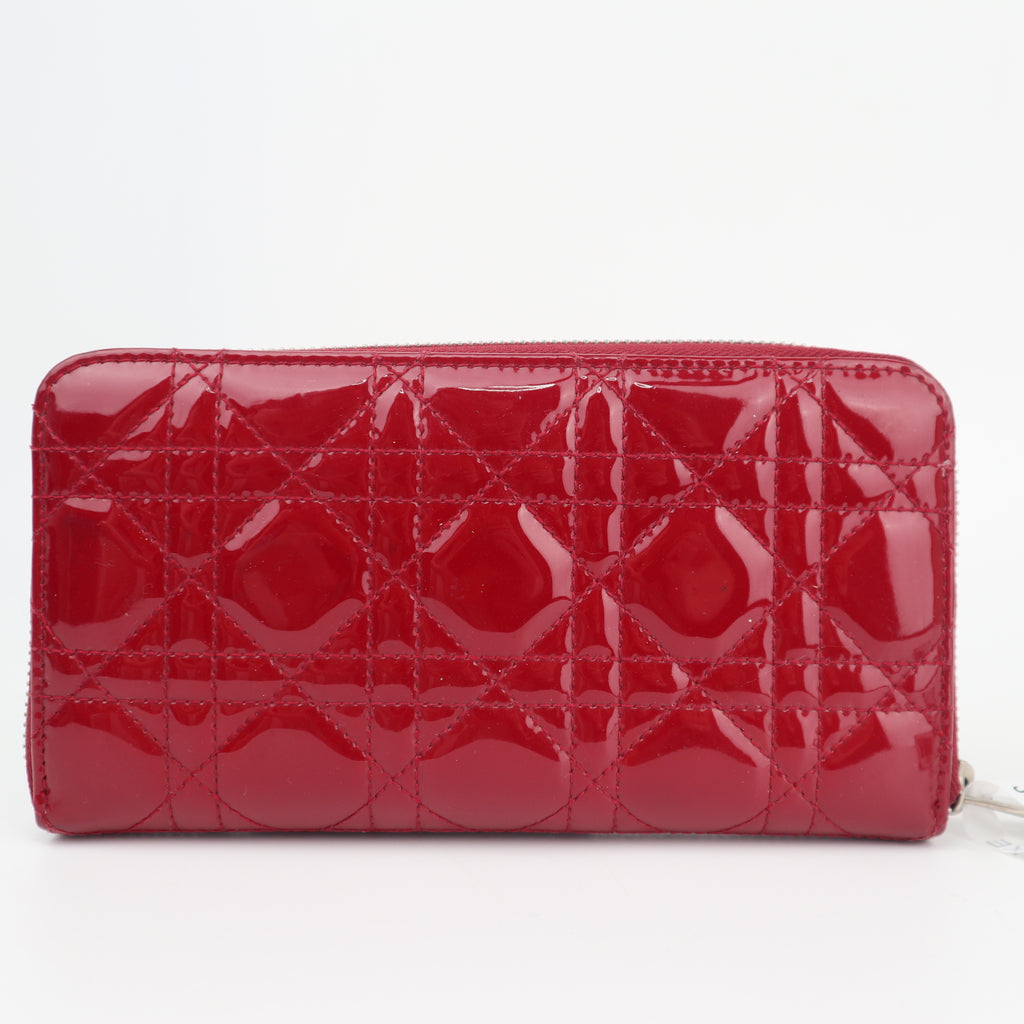 C2833 Christian Dior Wallet Lady Dior Cannage Zip Around Wallet Red Patent Leather | Pre-Owned Very Good Red Cannage Leather, Patent leather