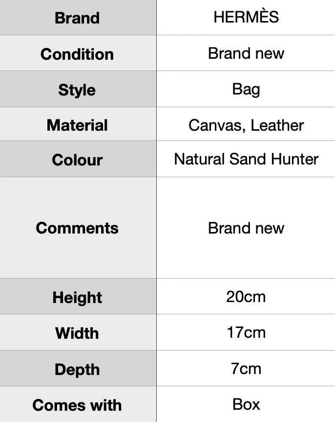 J0981 HERMES 2025 Naturel Sable Toile Militaire Vache Hunter Herbag Zip 20 w/ Box - Pre Owned