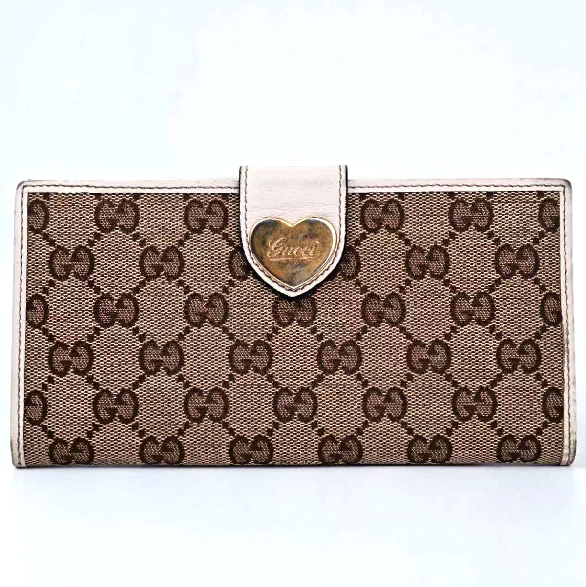 C2983 Gucci Wallet GG Canvas Lovely Heart Continental Wallet | Pre-Owned Very Good Beige / Brown Canvas, Leather GG Canvas