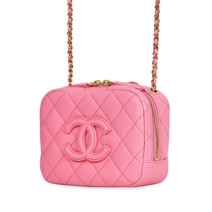 Authentic CHANEL Timeless CC Medium Caviar Vanity Case in Rose Pink with Chain and Handle