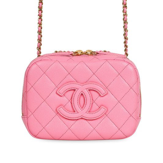 Authentic CHANEL Timeless CC Medium Caviar Vanity Case in Rose Pink with Chain and Handle