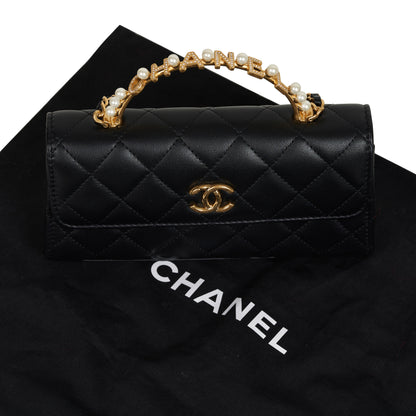 CHANEL LAMBSKIN QUILTED PEARL CRYSTAL TOP HANDLE PHONE HOLDER BAG