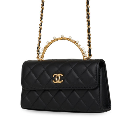 CHANEL LAMBSKIN QUILTED PEARL CRYSTAL TOP HANDLE PHONE HOLDER BAG