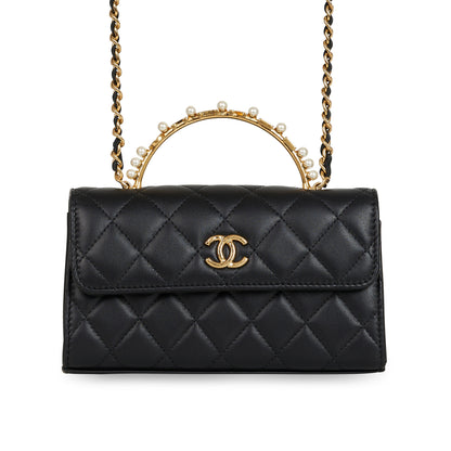 CHANEL LAMBSKIN QUILTED PEARL CRYSTAL TOP HANDLE PHONE HOLDER BAG